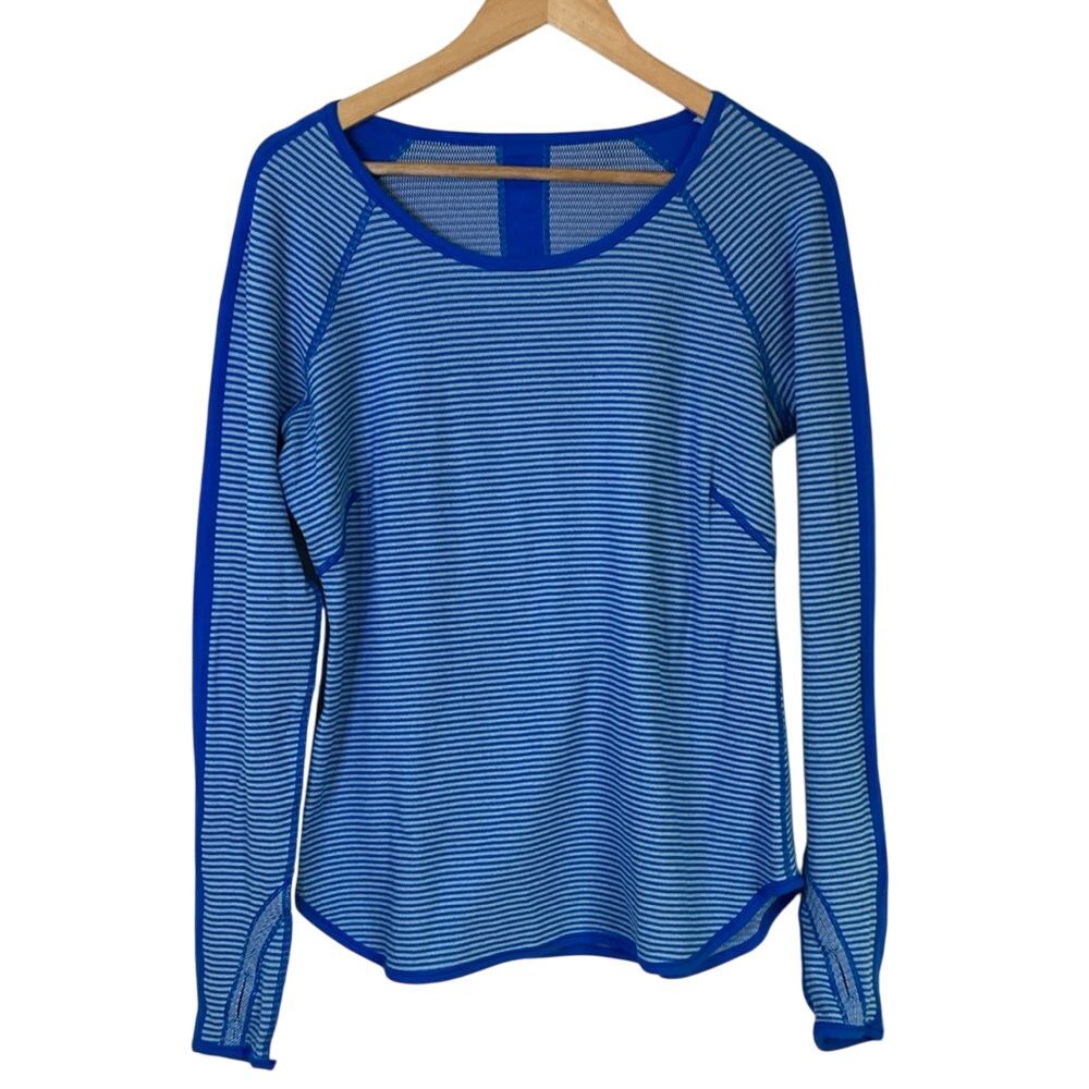 Lululemon Womens Runder Under Long Sleeve Running Top Size 10 Blue White Reverse